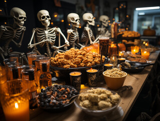 A lively Halloween party decorated with cobwebs, skeletons, and orange and black streamers