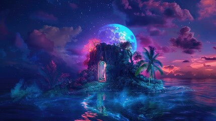 Sticker - Submerged fantasy realm at night, featuring an abstract island, moonlight, and neon lights with a galaxy doorway