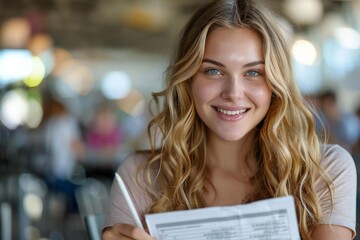 Aufkleber - beautiful woman with a bright smile is filling out a customer survey form in the office.