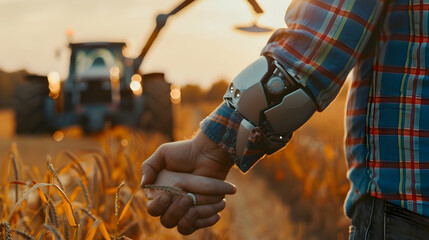 Male robot and farmer human holding hands with handshake. Deep machine learning with artificial intelligence technology,