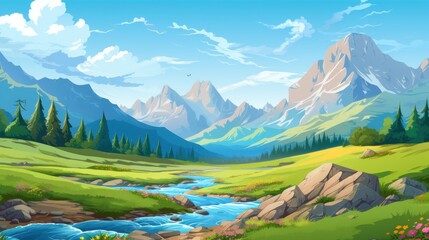 Wall Mural - Scenic Landscape of Lush Green Valley with Flowing River and Majestic Mountains, Digital Art