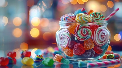 Wall Mural - Sweet Tooth: A candy jar filled with colorful candies and wrapped sweet treats