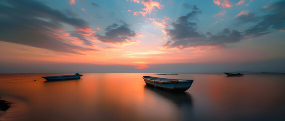 Wall Mural - panoramic photo of beautiful Indian sea, boats in the distance, sunrise, beautiful sky, long exposure, motion blur,