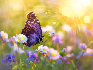 Wall Mural - A butterfly is sitting on a purple flower in a field.