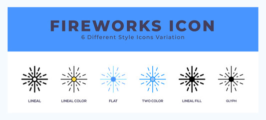 Fireworks icon set with different styles. Vector illustration.