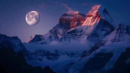 Wall Mural - Photo of Kailash mountain range in the Himalayas at sunrise with full moon, India.
