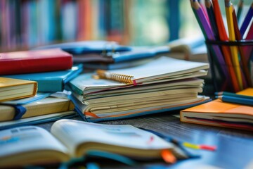Fototapete - A well-organized study desk with a variety of textbooks, notebooks, pens, and pencils. Ideal for tutoring services and educational centers. Generative AI