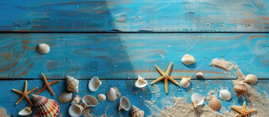 Poster - Sand and shells on the blue, wooden floor in a summer-themed setting