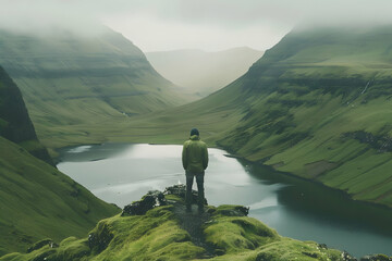 Photo of the Faroe Islands, a man standing at the top looking over green hills and a lake with black mountains in the background,