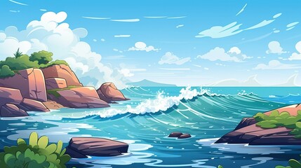 Wall Mural - Vibrant cartoon ocean scene with crashing waves, blue sky, and rocky coast. Ideal background for summer, travel, or nature themes.