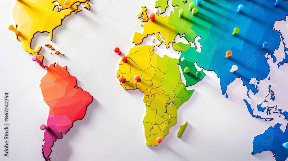 World Prominence Global world map with vibrant regions and prominent news markers, set ...
