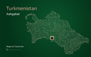 Turkmenistan Map with a capital of Ashgabat Shown in a Microchip Pattern. E-government. World Countries vector maps. Microchip Series	