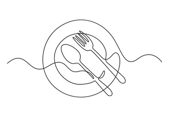 Wall Mural - Continuous one line drawing of knife fork and plate decoration for café or kitchen restaurant vector illustration