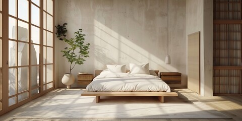 Wall Mural - Airy minimalist bedroom with neutral white bed, blankets and pillows and blank photo frames on the walls. This room is also equipped with large glass windows