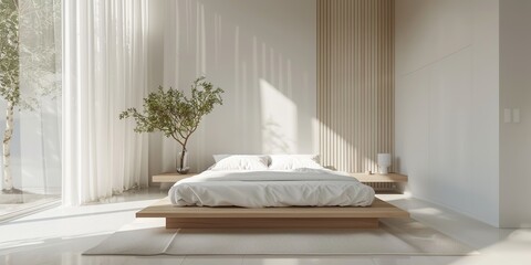 Wall Mural - Airy minimalist bedroom with neutral white bed, blankets and pillows and blank photo frames on the walls. This room is also equipped with large glass windows