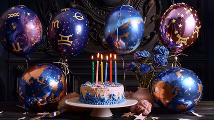 a celestial zodiac galaxy garden birthday scene with balloons representing the zodiac signs and cele