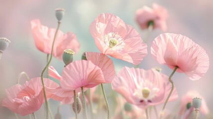 Romantic blooms: Light pink poppy flowers in full bloom with a dreamy, pastel background, capturing their gentle and elegant beauty
