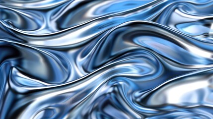 Poster - Silky 3D illustration of chrome waves in a captivating blue hue, perfect for high-tech designs.