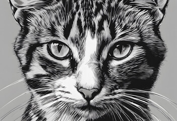 Wall Mural - Black and white illustration of a cat with detailed fur, expressive eyes and a calm expression.