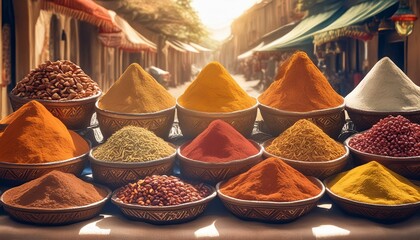 Exotic Spice Market - Depict a colorful, aromatic spice market with mounds of spices