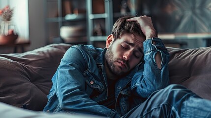 Wall Mural - A picture of man feeling tired lay on sofa