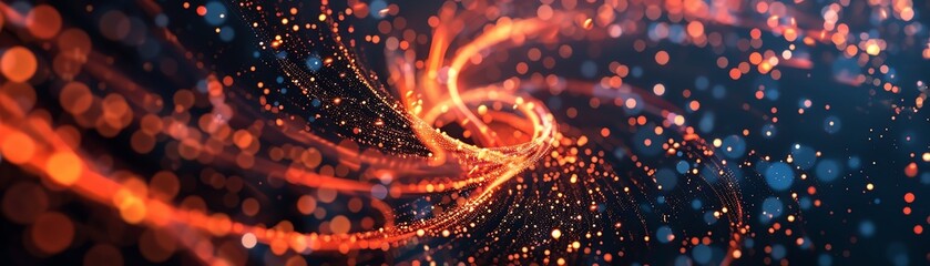 Wall Mural - Abstract digital art of swirling orange and blue light particles, creating a dynamic and futuristic visual effect on a dark background.