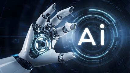 Advanced AI Technology in Robotic Arm with Circuit Board Interface , Futuristic Robotic Hand Interacting with AI Chip in Tech Lab