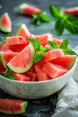 Wall Mural - Watermelon Salad with Fresh Mint in a Bowl
