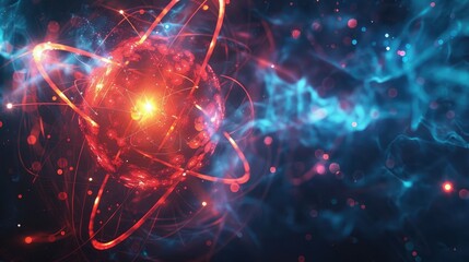 Poster - abstract background with interconnected particles symbolizing atomic structure.