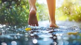 bare feet walking in the forest