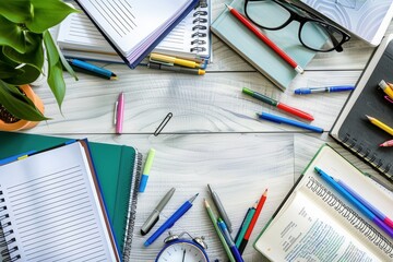 Leinwandbilder - A well-organized desk with open textbooks, notebooks, pens, and pencils, perfect for tutoring services and educational centers. Generative AI