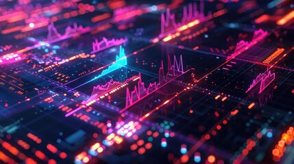 Poster - Abstract financial data visualization with glowing charts and graphs.