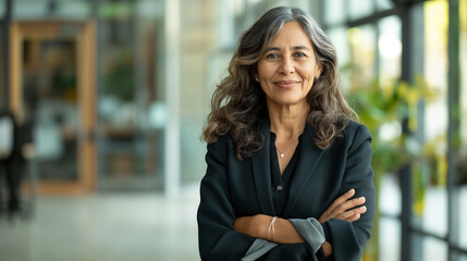 Portrait of a middle-aged businesswoman standing in the office and smiling cheerfully. Confident professional woman wearing business casual attire