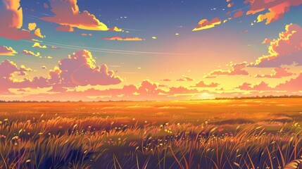 Wall Mural - Beautiful sunset over a field of grass and wildflowers, serene and picturesque. Concept of nature, landscape, and tranquility.