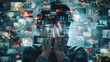 © Pink - A person holding their head in pain, eyes closed, surrounded by transparent images of world news, symbolizing distress and overwhelming feelings from graphic content in TV shows and movies, suffered