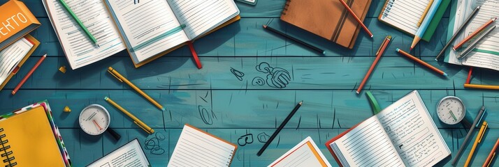 Leinwandbilder - A well-organized desk with open textbooks, notebooks, pens, and pencils, perfect for tutoring services and educational centers. Generative AI