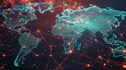 Poster - abstract global business network with world map and connecting lines.