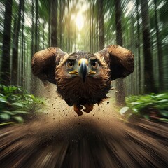 Wall Mural - High-speed photography of an Eagle flying fast in the forest, motion blur and a fast shutter speed