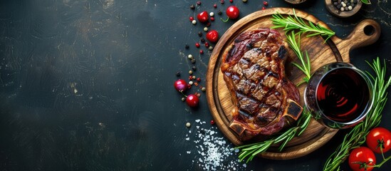 Wall Mural - Top view of grilled ribeye beef steak with red wine, herbs, and spices including space for text