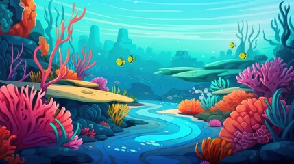 Wall Mural - Vibrant underwater seascape with coral reef, colorful fish, and flowing water. Ideal for ocean conservation, marine life, or animated backgrounds.