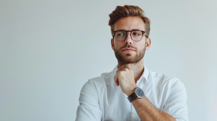 Wall Mural - A man with glasses is looking at the camera with a thoughtful expression