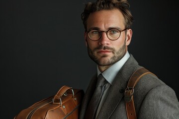 Wall Mural - A man wearing glasses and a suit is holding a brown leather briefcase