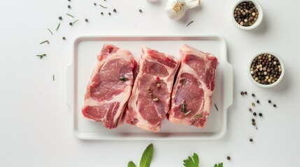 Sticker - Raw pork meat on a plastic cutting board on a white surface