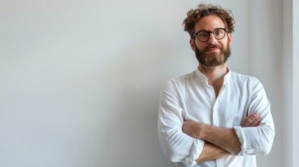 Wall Mural - A man with a beard and glasses is standing in front of a white wall