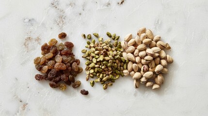 Wall Mural - Embrace the simplicity of nature with a mix of foraged pistachios hemp seeds and golden raisins providing a perfectly portable and healthy snack.