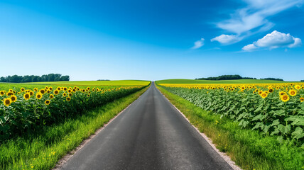 Peaceful country road lined with tall sunflower fields under a brilliant blue summer sky 