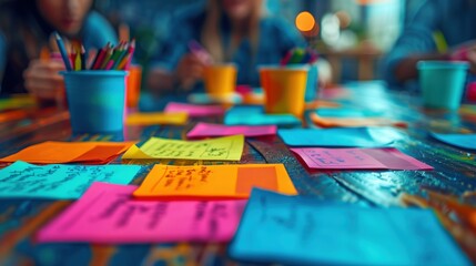 Poster - creative workspace with focus on sticky notes. creative workspace with colorful sticky notes scatter