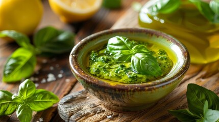 Wall Mural - A closeup of a small bowl filled with bright green avocado oil infused with fragrant basil and tangy lemon zest.