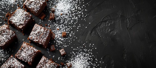 Wall Mural - Homemade chocolate brownies arranged on a black background with powdered sugar sprinkled on top, providing space for text.