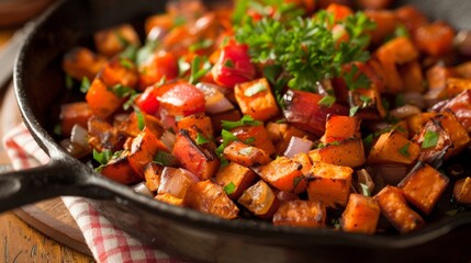 A panfried sweet potato hash cooked in avocado oil instead of bacon grease for a healthier breakfast option.